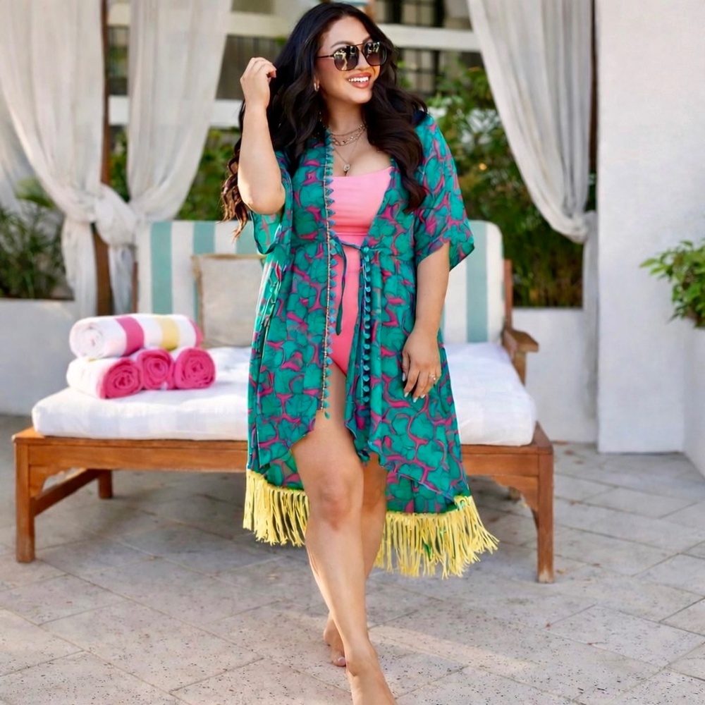 Resort Ready Sheer Kimono‎ Swim Cover Up Fringe Hem Small